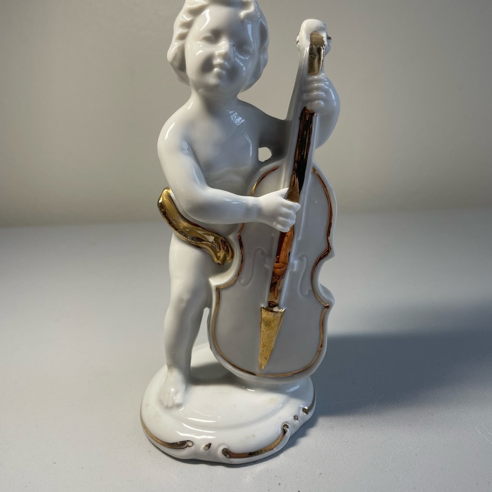 Vintage Japan White Porcelain Cherub With Gold Sash Playing A Cello Figurine